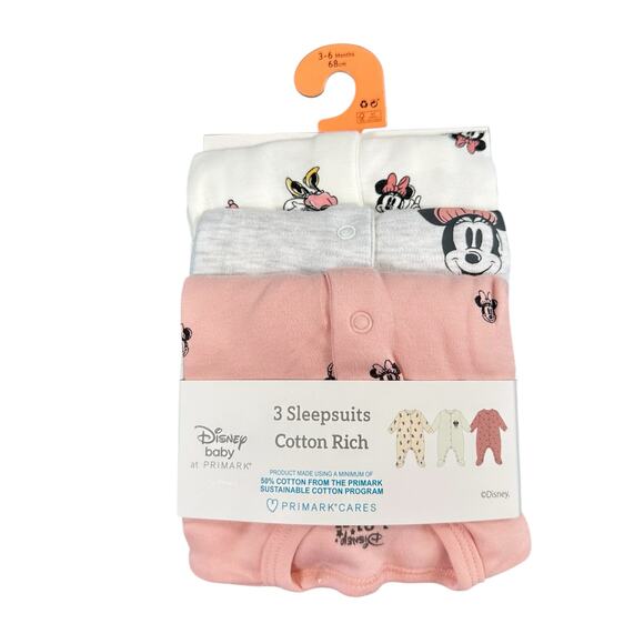 Disney Baby at Primark 3 Sleepsuits Cotton Rich Minnie Mouse Size 3-6 Months - Picture 1 of 4